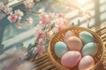 Happy easter spring motivation Eggs Easter festoon Basket. White Garden flower Bunny Red Berry. Festive background wallpaper Royalty Free Stock Photo