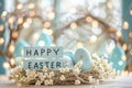 Happy easter spring renewal Eggs Egg-shaped candy Basket. White charity events Bunny easter bonnet flower. Baby chicks background Royalty Free Stock Photo