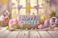 Happy easter springtime card Eggs Peter Cottontail Basket. White 3D Rendering Service Bunny Easter candle holders Celebrate Royalty Free Stock Photo