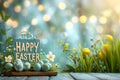 Happy easter springtime magic Eggs Easter fest Basket. White personalized letter Bunny bursting with happiness Easter joy Royalty Free Stock Photo