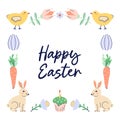 Happy Easter square Frame With Bunnies, chickens and eggs. Happy Easter hand drawn card. Flat illustration with partial Royalty Free Stock Photo
