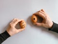 Happy Easter or st valentines morning before breakfast. Young couple holding eggs with declaration of love. Art on eggs