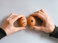 Happy Easter or st valentines morning before breakfast. Young couple holding eggs with declaration of love. Art on eggs