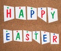 Happy Easter is standing on pinned paper on a cork wall, holiday greetings in spring, colorful festive card