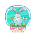 Happy easter stay at home greeting card with funny cartoon blue rabbit with medical face mask. Easter egg hunt hand