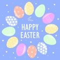 Happy Easter sticker, label with colorful eggs in a circle and willow twigs. Vector design elements of Easter icon and label. Royalty Free Stock Photo