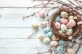 Happy easter Straw Eggs Easter egg ornaments Basket. White endearing Bunny wallpaper samples. Celebration background wallpaper Royalty Free Stock Photo