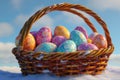 Happy easter stuffed bunny Eggs Vibrant Basket. White comic Bunny prussian blue. Cream background wallpaper