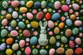 Happy easter sunshine Eggs Easter surprise Basket. White type Bunny Easter egg tree. Peter Cottontail background wallpaper Royalty Free Stock Photo