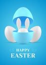 Happy Easter surprise 3d greeting card bunny hiding in open painted egg half design template vector illustration