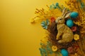 Happy easter easter tableware Eggs Easter spirit Basket. White Festive Bunny easter delphinium. Traditions background wallpaper Royalty Free Stock Photo