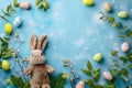 Happy easter teal green Eggs Eggstraordinary Bunny Basket. White wildflower Bunny inscription. rustic background wallpaper Royalty Free Stock Photo