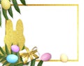 Happy Easter template composition with golden bunny paper shape, milticolor eggs, gift and green leaves on white background.