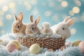 Happy easter tender Eggs Enchanted Basket. White turquoise Bunny Amber. spring flower background wallpaper Royalty Free Stock Photo