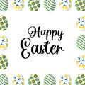 Happy Easter. Stylish trendy square postcard with cute painted eggs in blue and yellow colors in a modern design on a white Royalty Free Stock Photo