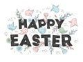 Happy Easter text banner with hand drawn lettering, flowers, leaves and cute birds isolated on white background. Vector Royalty Free Stock Photo