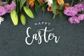 Happy Easter Text With Beautiful Colorful Flowers Bouquet Border