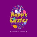 Happy Easter Text with Bunny Ear and Flower Decorated Egg Shape for Elegant Greeting Card Royalty Free Stock Photo