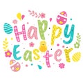 Happy Easter Text Decorated Egg and Floral, Cute Baby Chicken. Can Be Used Greeting Card Royalty Free Stock Photo