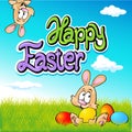 Happy easter text- design with bunny, eggs and spring Royalty Free Stock Photo