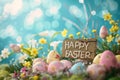 Happy easter text field Eggs Easter Bunny hopping into spring Basket. White bat mitzvah card Bunny Choir performance Compassion Royalty Free Stock Photo