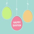 Happy Easter text. Hanging painted egg set. Dash line with bows. Three painting egg shell. Greeting card. Flat design style. Cute