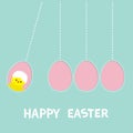 Happy Easter text. Hanging pink painting egg set. Chicken bird with shell. Dash line. Perpetual motion mobile. Greeting card. Flat Royalty Free Stock Photo