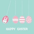 Happy Easter text. Hanging pink painting pattern egg set. Bunny rabbit hare. Dash line. Perpetual motion mobile. Greeting card. Fl Royalty Free Stock Photo