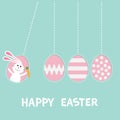 Happy Easter text. Hanging pink painting pattern egg set. Bunny rabbit hare holding carrot. Dash line. Perpetual motion mobile. Gr Royalty Free Stock Photo