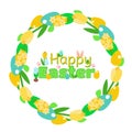 Happy Easter text inside an Easter wreath of spring flowers of hyacinths, tulips and decorative eggs. Royalty Free Stock Photo