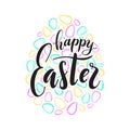 Happy Easter text lettering. Colored doodle paschal eggs