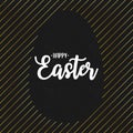 Happy Easter text lettering with gold lines and silhouette of blank paschal egg at black grunge background. Vector Royalty Free Stock Photo