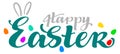 Happy Easter text lettering template banner greeting card. Rabbit ears and painted eggs symbol of easter