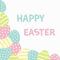 Happy Easter text. Painted egg corner frame. Painting shell. Heart, star, line shape pattern. Light color. Greeting card.