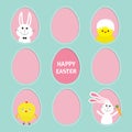 Happy Easter text. Painted egg frame set Bunny rabbit hare holding carrot. Chicken bird with shell. Dash line contour. Greeting ca