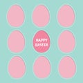 Happy Easter text. Painted egg frame set Window template. Dash line contour. Greeting card. Blue background. Flat design.
