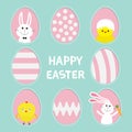 Happy Easter text. Painted pattern egg frame set Bunny rabbit hare holding carrot. Chicken bird with shell. Dash line contour. Gre