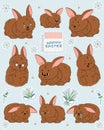 Happy Easter text is on paper with washi tape and peace of newspaper. Set of rabbits with different emotions. Happy, cry, unhappy