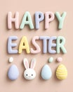 Happy easter text with pastel colored letters eggs and bunny against a light peach colored background Royalty Free Stock Photo