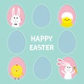 Happy Easter text. Pink painted egg frame set Bunny rabbit hare holding carrot. Chicken bird with shell. Dash line contour. Greeti