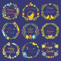 Happy Easter text quote in flowers branch and eggs traditional decoration elements handdrawn badge lettering greeting