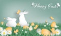 Happy Easter text with rainbow egg and a rabbit on grass, butterfly and white flower in the garden Royalty Free Stock Photo
