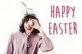 Happy Easter text. season`s greetings card. Beautiful happy girl Royalty Free Stock Photo