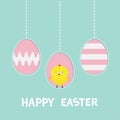 Happy Easter text. Three painting egg. Hanging painted egg shell set. Chicken baby bird. Dash line. Greeting card. Flat design sty