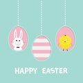 Happy Easter text. Three painting egg shell. Hanging painted egg set. Chicken bird, rabbit hare. Dash line. Greeting card. Flat