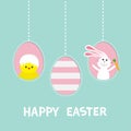 Happy Easter text. Three painting egg shell. Hanging painted egg set. Rabbit hare with carrot, chicken bird. Dash line. Greeting c Royalty Free Stock Photo