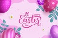 Happy easter text vector background design. Happy easter greeting card with purple eggs Royalty Free Stock Photo