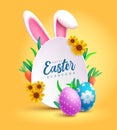 Happy easter text vector template design. Easter egg hunt holiday and kids party celebration with bunny ears Royalty Free Stock Photo
