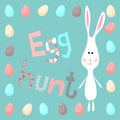 Happy easter theme. Funny cartoon white rabbits and eggs. Egg hunt card template.