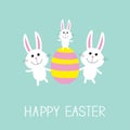 Happy Easter. Three bunny rabbit family and striped egg. Flat design.